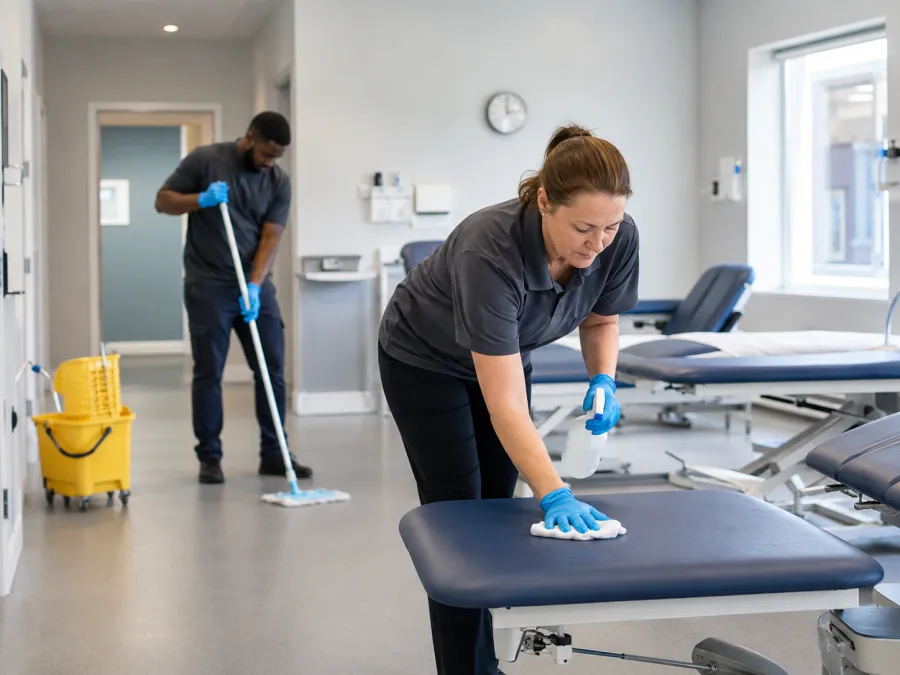 Team cleaning treatment couches in a healthcare clinic