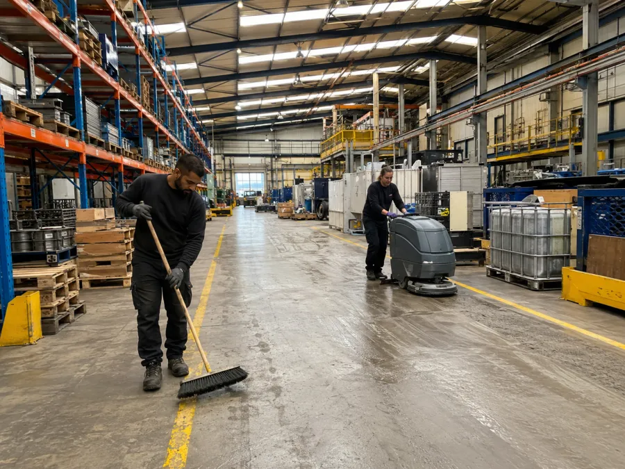 Operatives sweeping and scrubbing the floor of a busy warehouse