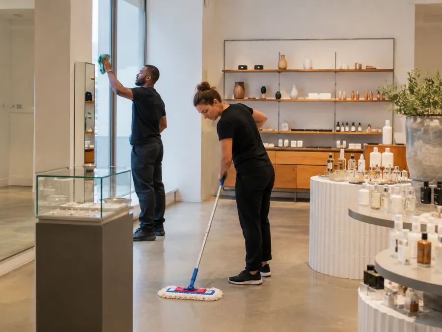 Cleaners maintaining the floor and displays in a bright retail showroom
