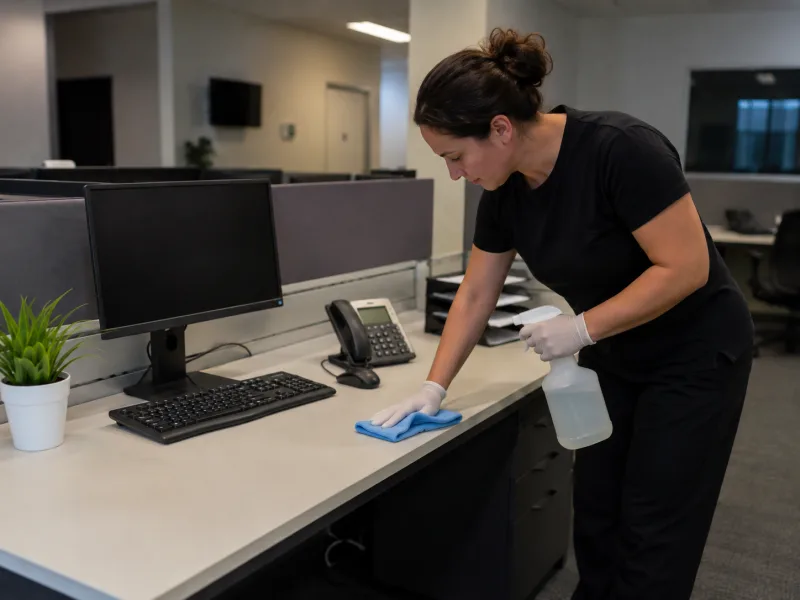 Extreme Kleen operative wiping down a desk in a modern open-plan office
