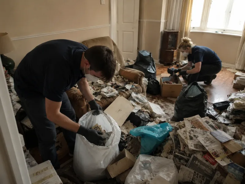 Two Extreme Kleen operatives carefully clearing a heavily cluttered room