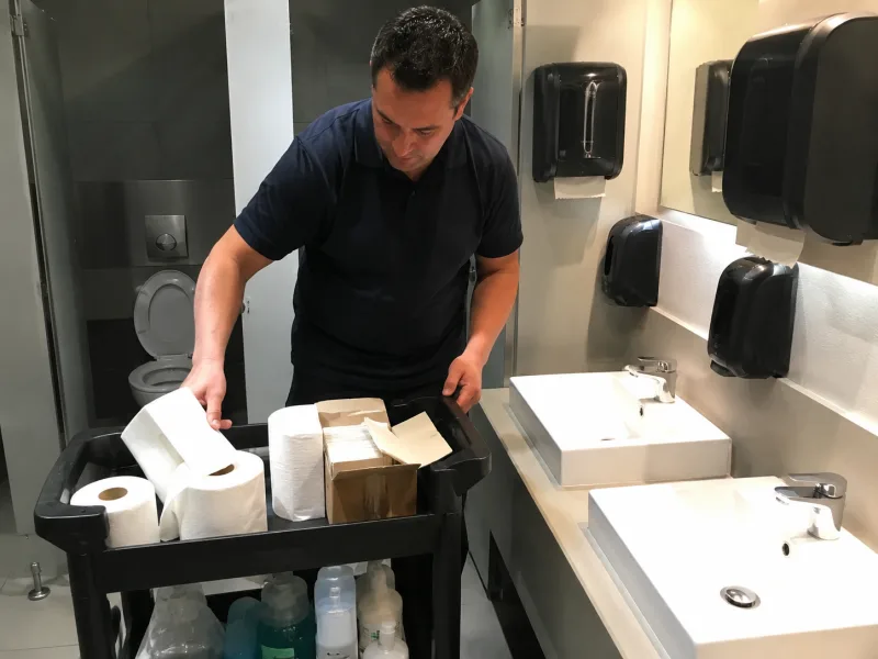 Extreme Kleen team member restocking paper towels and washroom consumables