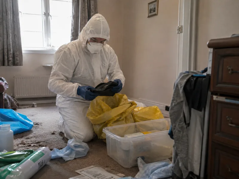 Technician in full PPE bagging biohazard waste during a trauma scene clean