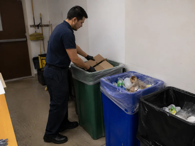 Cleaner sorting cardboard and waste into recycling bins at a commercial site
